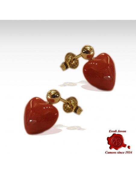 Blood Coral and Gold Earrings Heart Shaped