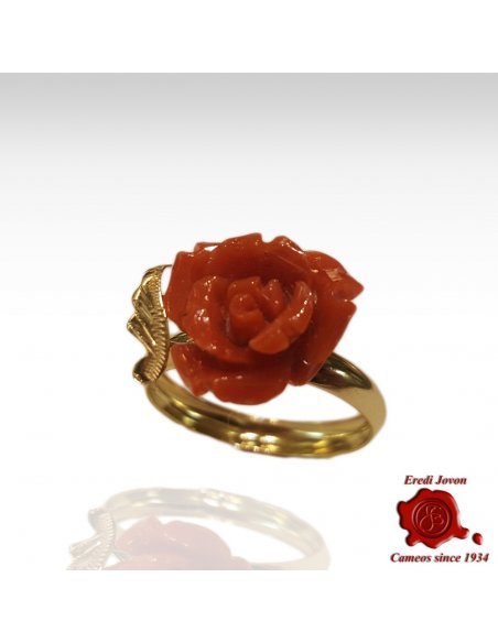 Red Coral Rose Ring Gold