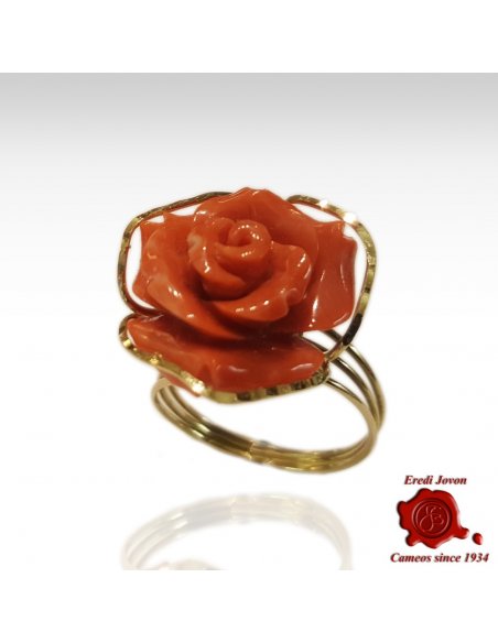 Ring Engraved Rose in Coral and Gold