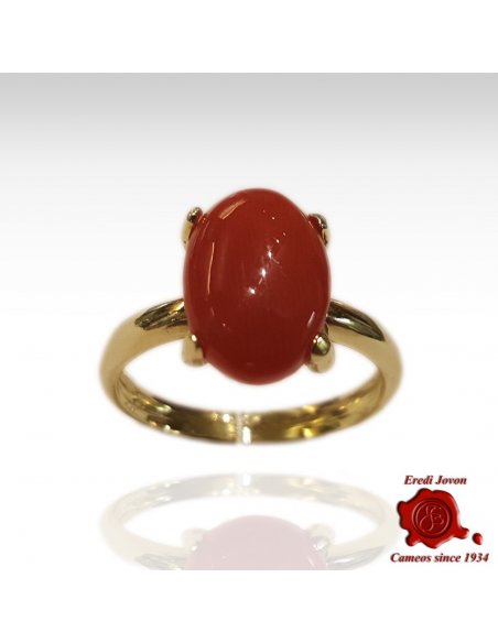 Cabochon Oval Coral Ring Gold Set