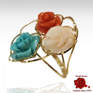 Ring Engraved Rose in Coral and Turquoise