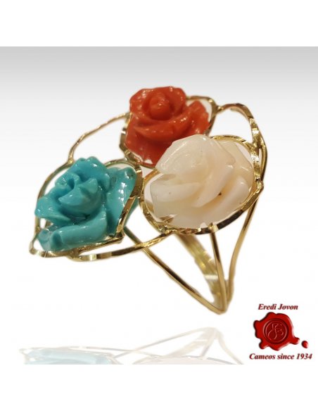 Ring Engraved Rose in Coral and Turquoise