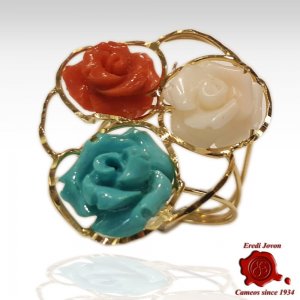 Ring Engraved Rose in Coral and Turquoise 2