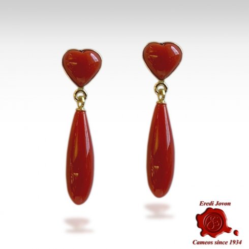 Red Coral Earrings Drop and Heart in Gold