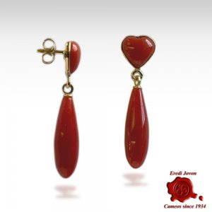 Red Coral Earrings Drop and Heart in Gold 2