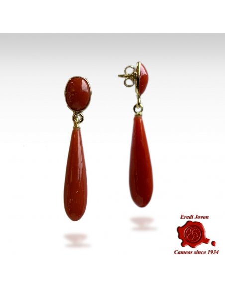 Red Coral Earrings Drop and Oval Cabochon Yellow Gold