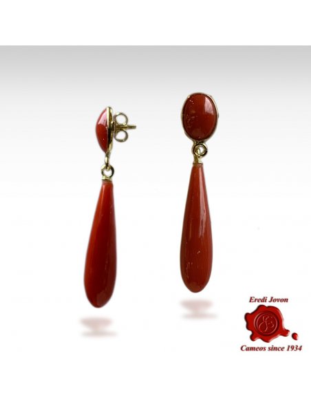 Red Coral Earrings Drop and Oval Cabochon Yellow Gold