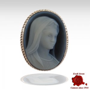 Holy Virgin Blue Cameo Brooch Silver