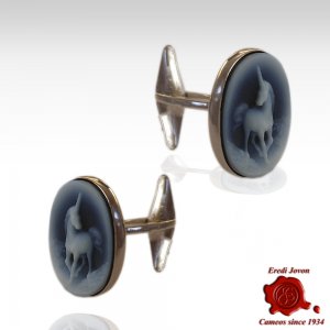 Blue Cameo Unicorn Cufflinks in Silver