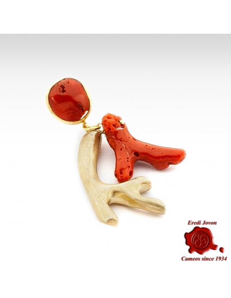 Red Coral Branch Earrings with Golden Inserts