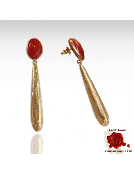 Red Coral Earrings Long Golden Drop