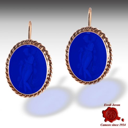 Gold Intaglio Earrings with Cameos in Blue Glass