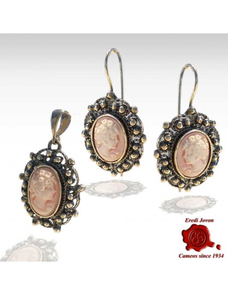 Pink Cameo Earrings with Antique Silver Filigree