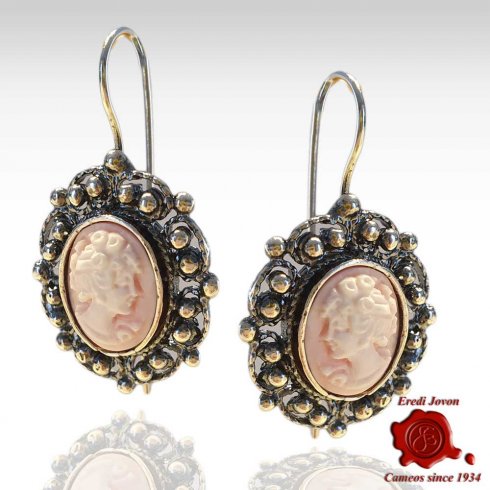 Pink Cameo Earrings with Antique Silver Filigree