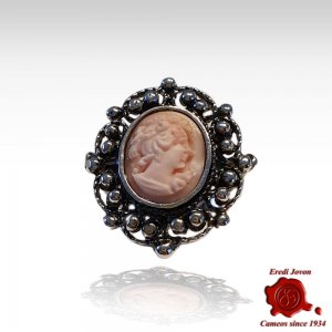 Pink Cameo Ring with Antique Silver Filigree