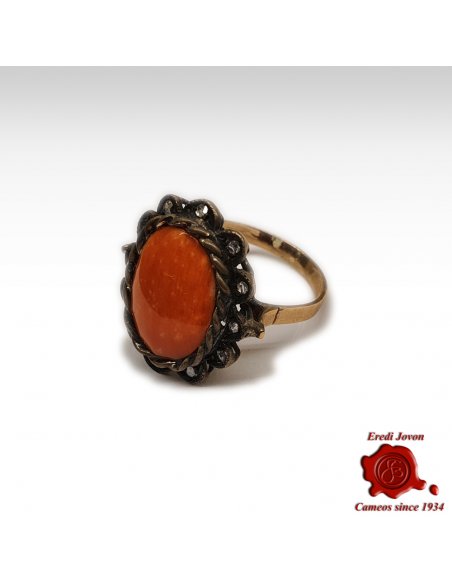 Antique Red Coral Ring with Diamonds