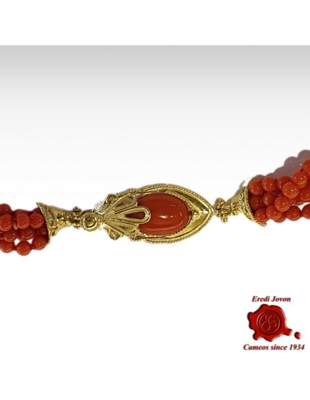 Twisted Multi String Red Coral Necklace Bizantine Clasp in Gold