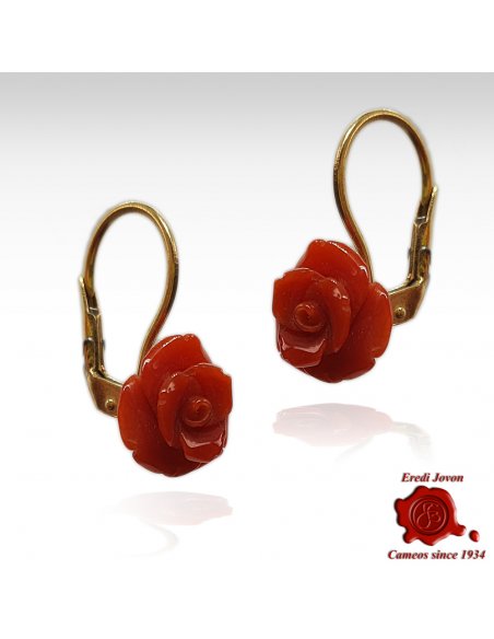 Red Coral Rose Earrings in Gold