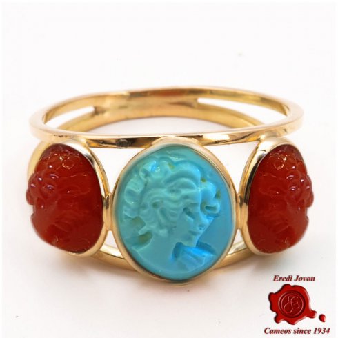Turquoise and Coral Cameos Ring in Gold