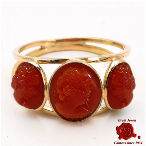 Three Coral Cameos Ring in Yellow Gold