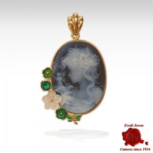 Blue cameo Pendant with Flowers Enamel and Stone 2