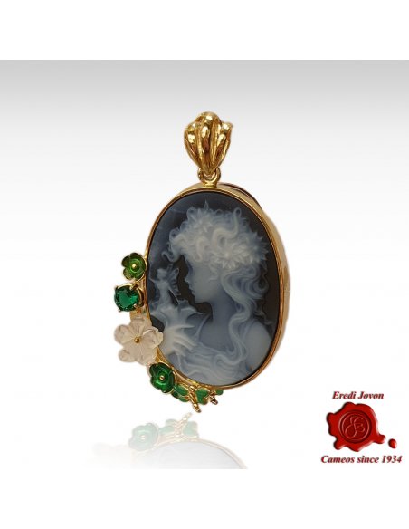 Blue cameo Pendant with Flowers Enamel and Stone