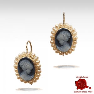 Blue Cameo Earrings with Pearls 2
