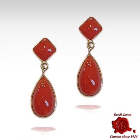 Square and Tear Drop Red Coral Earrings