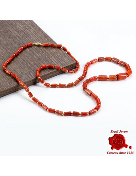 Long Red Coral Necklace in Gold - Baril Cut