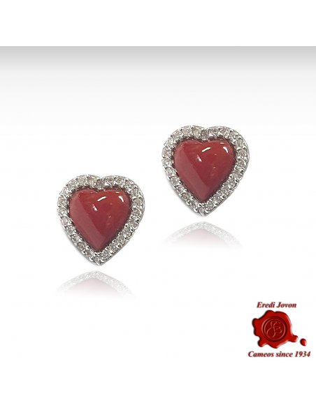 Red Coral Heart Shaped Silver Earrings with Zirconias