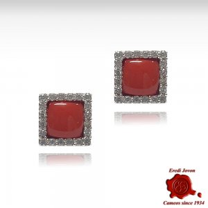 Square Red Coral Earrings with Silver & Zirconia