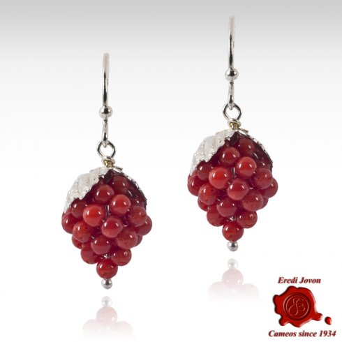 Red Coral Grapes Earrings Silver