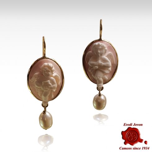 Antique Angel Cameo Earrings Pink Shell