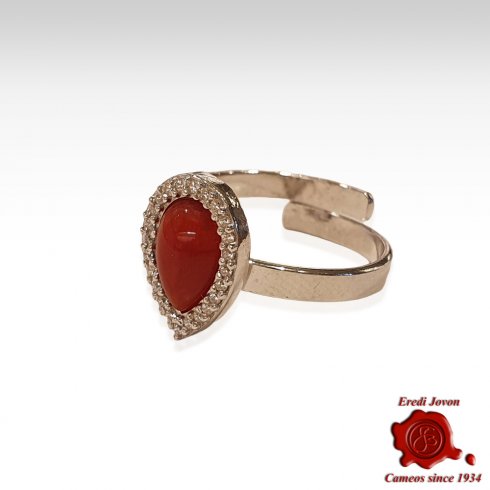 Tear Drop Ring with Red Coral Silver & Zirconia