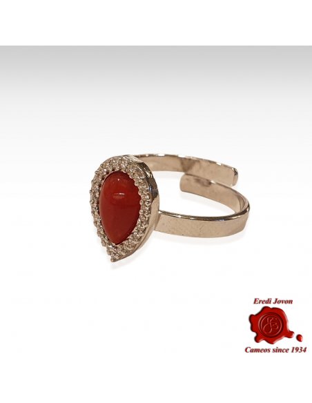 Tear Drop Ring with Red Coral Silver & Zirconia