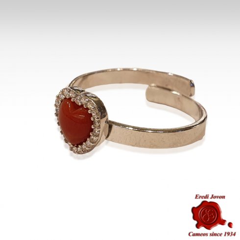 Ring with Heart Red Coral Silver & Zirconia