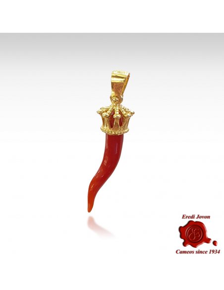 Red Coral Horn with Crown Pendant