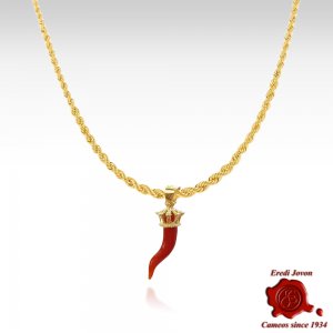 Red Coral Horn with Golden Crown Pendant 2