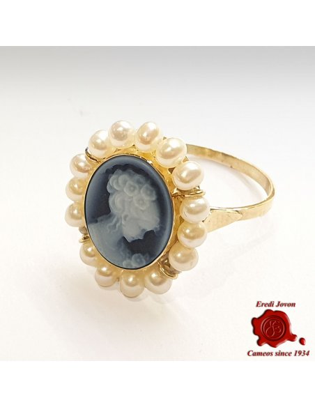 Blue Cameo Gold Ring with Pearls