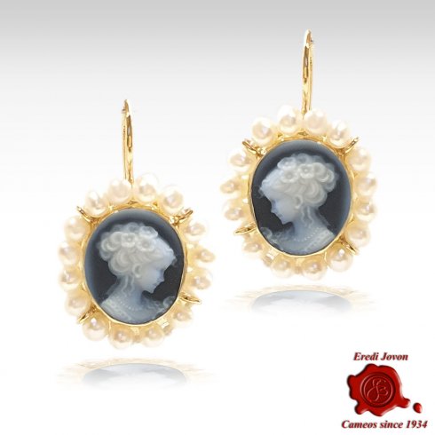 Blue Gold Cameo Earrings with Pearls