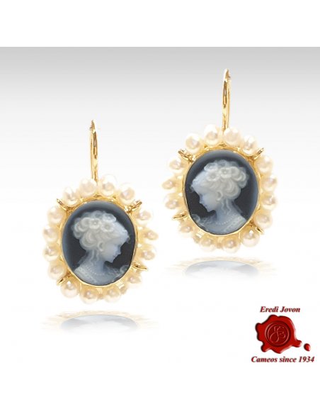 Blue Gold Cameo Earrings with Pearls