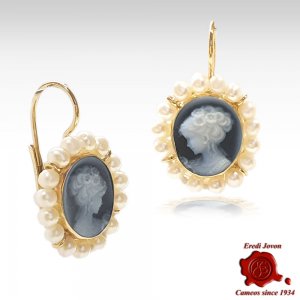 Blue Gold Cameo Earrings with Pearls 2