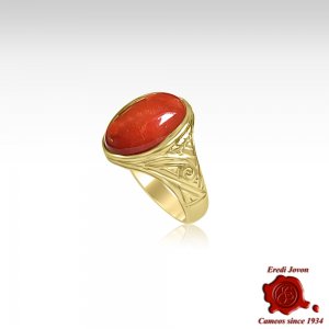 Men Red Coral Ring Yellow Gold