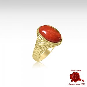 Men Red Coral Ring Yellow Gold 2