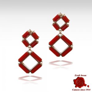 Dangle Red Coral Earrings Square Silver