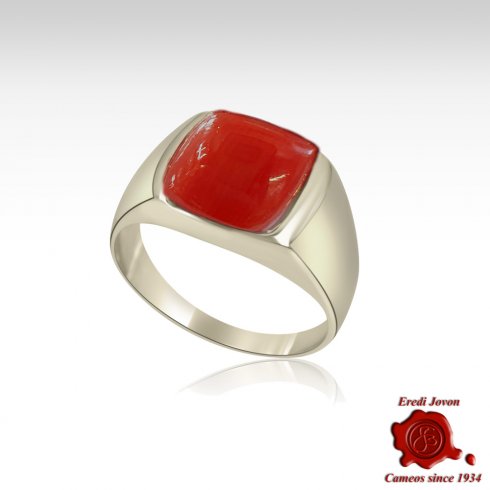 Red Coral Signet Ring Silver