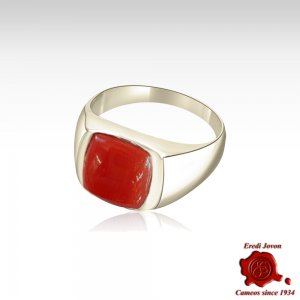 Red Coral Signet Ring Silver 2