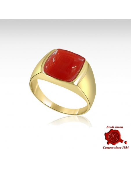 Red Coral Man Signet Ring in Gold