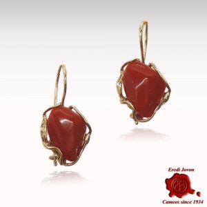 Handmade Red Coral Earrings Set in Silver Gold Plated
