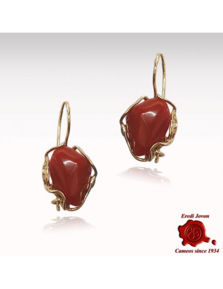 Red Coral Earrings Set in Silver Gold Plated